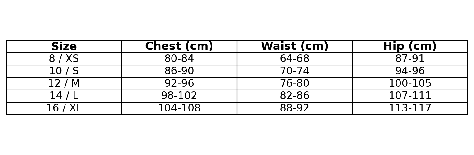 Size chart for Appliqué Merino Long Sleeve