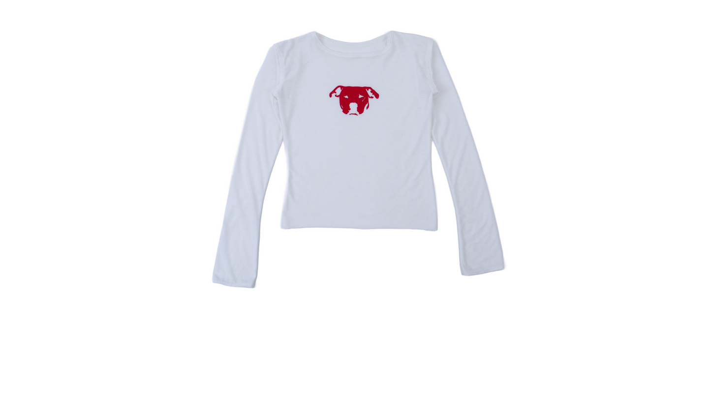 White long-sleeve shirt with a red logo on a white background
