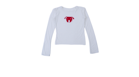 White long-sleeve shirt with a red logo on a white background