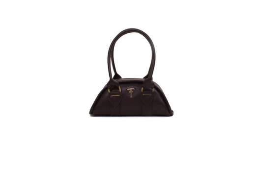 brown handbag with bronze clasp on a white background