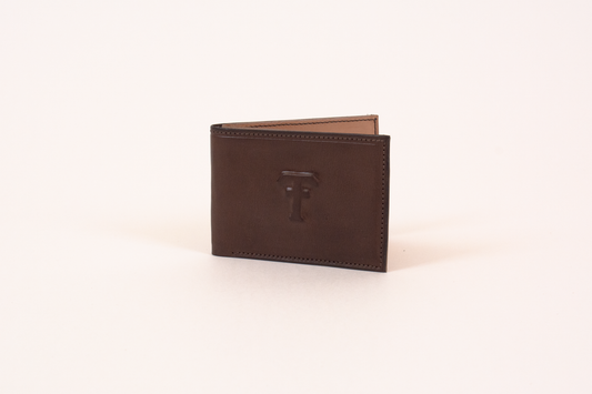 Brown leather wallet with a logo on a white background