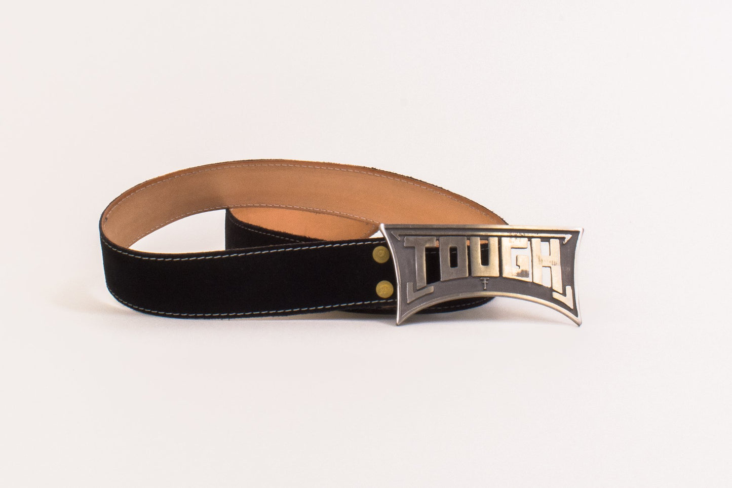 Black belt with a silver buckle on a white background