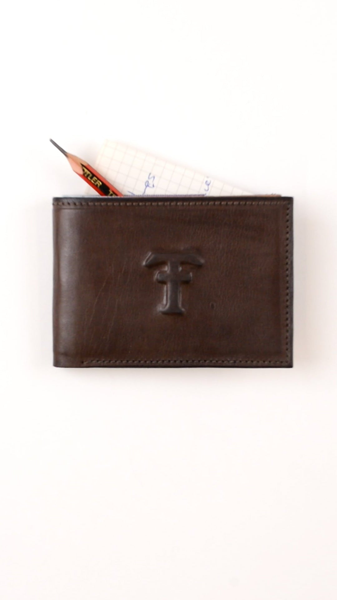 Brown leather Wallet with a logo on a white background